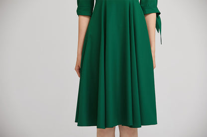 Green Polyester Swing Midi Dress - Lapel Collar with Pleated Skirt 2227