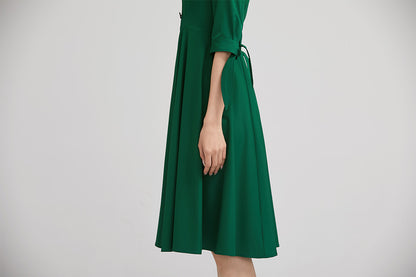 Green Polyester Swing Midi Dress - Lapel Collar with Pleated Skirt 2227