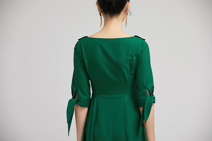 Green Polyester Swing Midi Dress - Lapel Collar with Pleated Skirt 2227