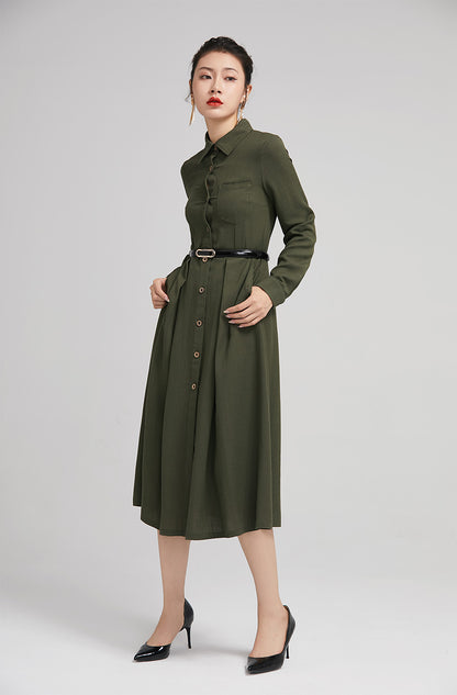 Army Green Linen Shirt Dress - Fitted Waist, Button-Down Midi 2228