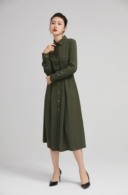 Army Green Linen Shirt Dress - Fitted Waist, Button-Down Midi 2228