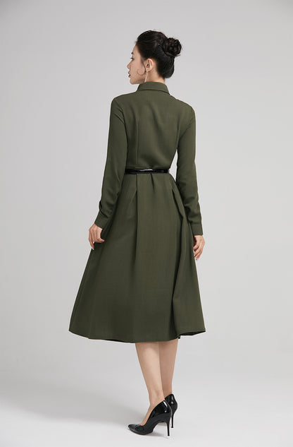 Army Green Linen Shirt Dress - Fitted Waist, Button-Down Midi 2228