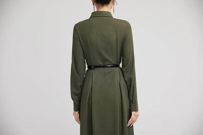 Army Green Linen Shirt Dress - Fitted Waist, Button-Down Midi 2228