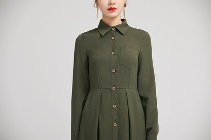 Army Green Linen Shirt Dress - Fitted Waist, Button-Down Midi 2228