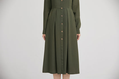 Army Green Linen Shirt Dress - Fitted Waist, Button-Down Midi 2228