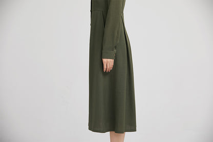 Army Green Linen Shirt Dress - Fitted Waist, Button-Down Midi 2228