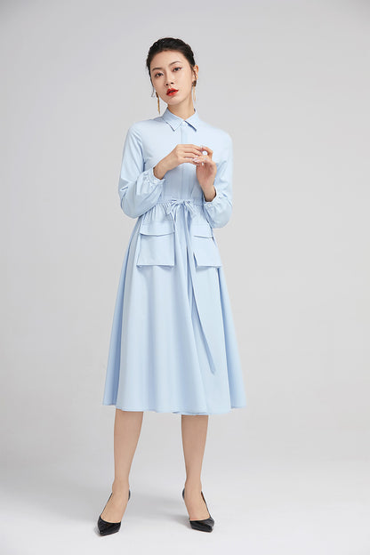 Blue Polyester Midi Dress - Adjustable Waist with Pockets 2229