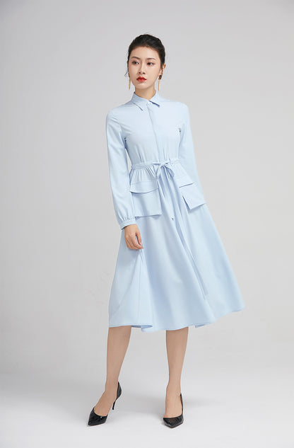 Blue Polyester Midi Dress - Adjustable Waist with Pockets 2229
