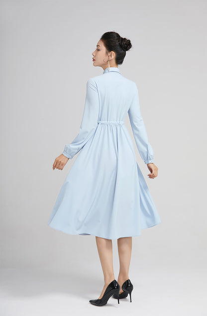 Blue Polyester Midi Dress - Adjustable Waist with Pockets 2229