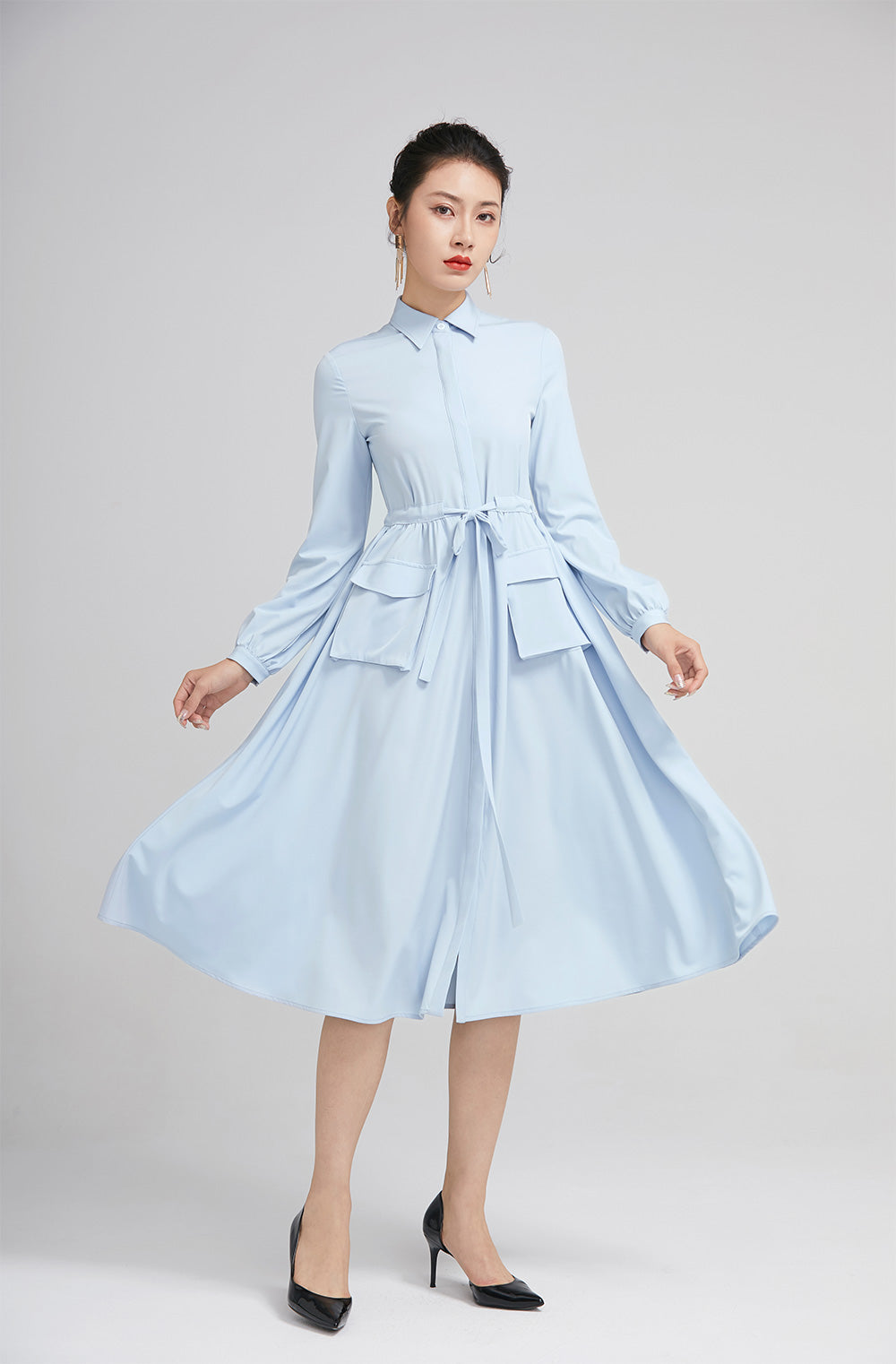 light blue spring dress for women with long sleeves and pockets 2229 Xiaolizi light blue spring dress for women with long sleeves and pockets 2229 Xiaolizi