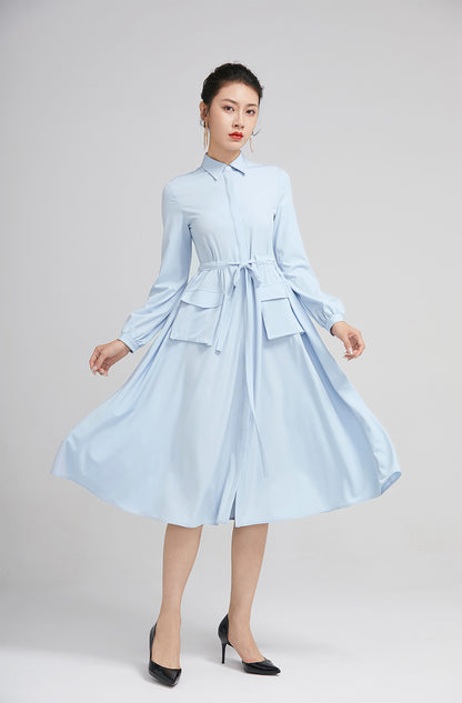Blue Polyester Midi Dress - Adjustable Waist with Pockets 2229