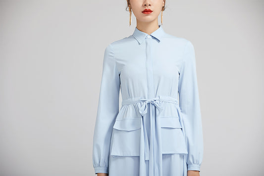 light blue spring dress for women with long sleeves and pockets 2229