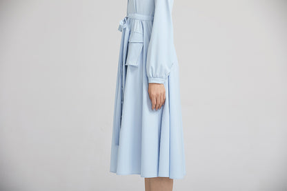 Blue Polyester Midi Dress - Adjustable Waist with Pockets 2229