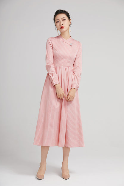 Pink Striped Polyester Midi Dress - Long Sleeves with Snap Button Detail 2230