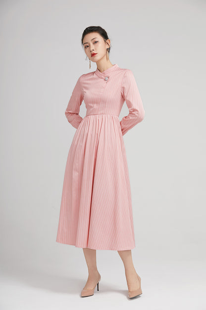 Pink Striped Polyester Midi Dress - Long Sleeves with Snap Button Detail 2230