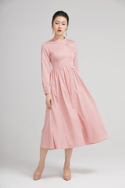 Pink Striped Polyester Midi Dress - Long Sleeves with Snap Button Detail 2230