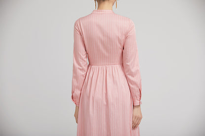 Pink Striped Polyester Midi Dress - Long Sleeves with Snap Button Detail 2230