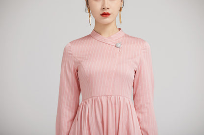 Pink Striped Polyester Midi Dress - Long Sleeves with Snap Button Detail 2230