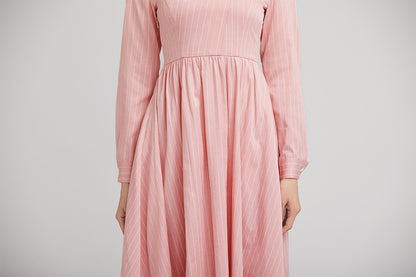 Pink Striped Polyester Midi Dress - Long Sleeves with Snap Button Detail 2230