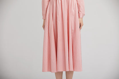 Pink Striped Polyester Midi Dress - Long Sleeves with Snap Button Detail 2230