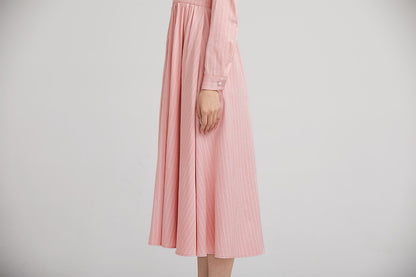 Pink Striped Polyester Midi Dress - Long Sleeves with Snap Button Detail 2230