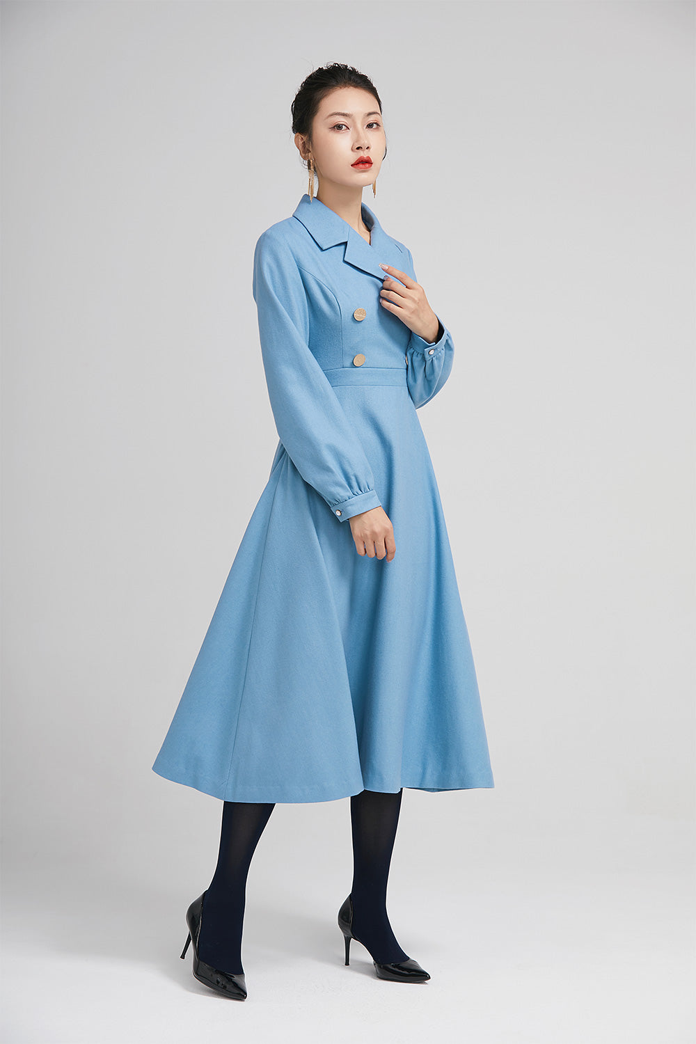 elegant blue wool winter dress with double breasted 2231 – XiaoLizi