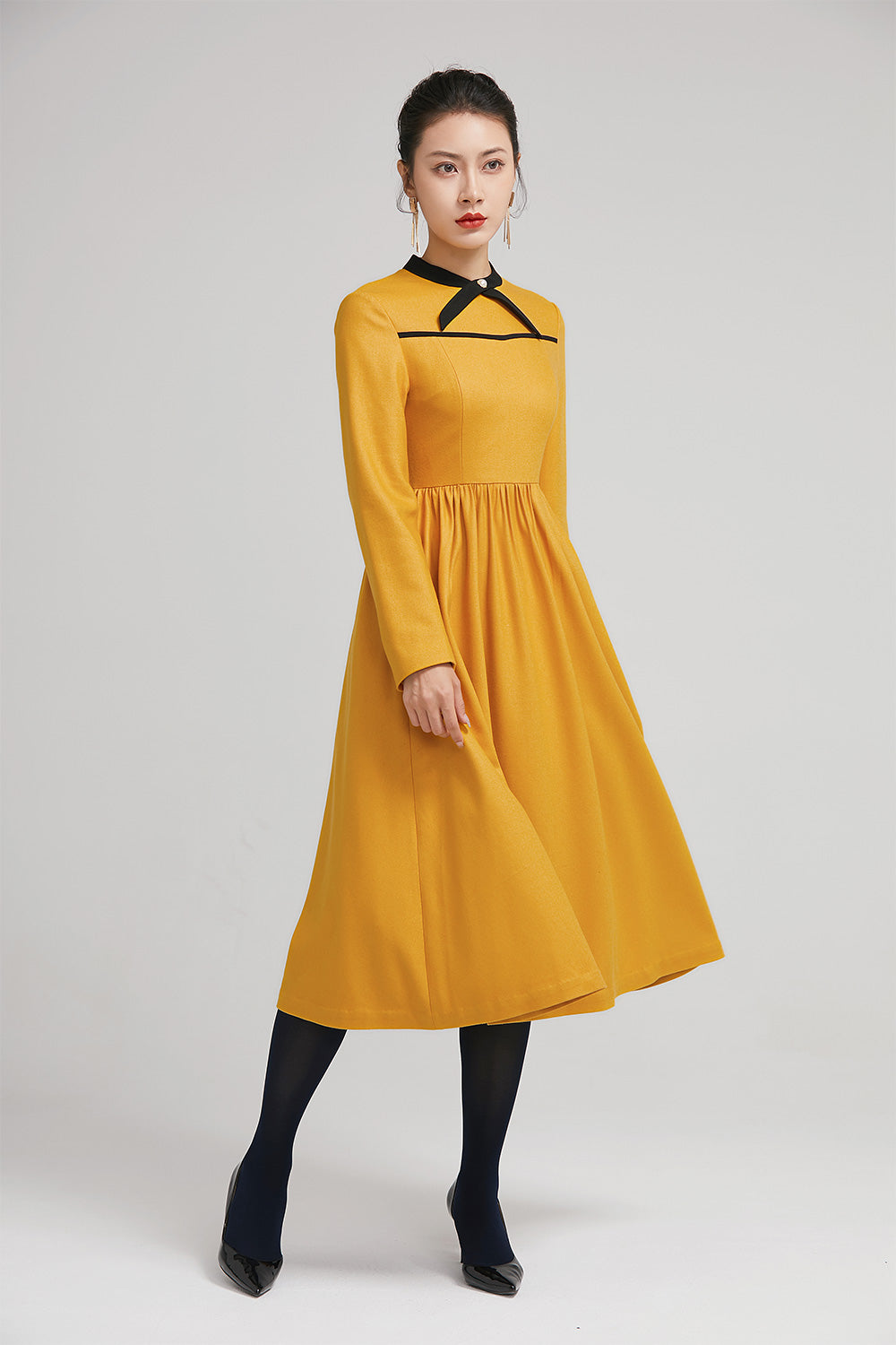 Yellow Wool Fit and Flare Dress with Black Tie Neckline for Winter – Xiaolizi