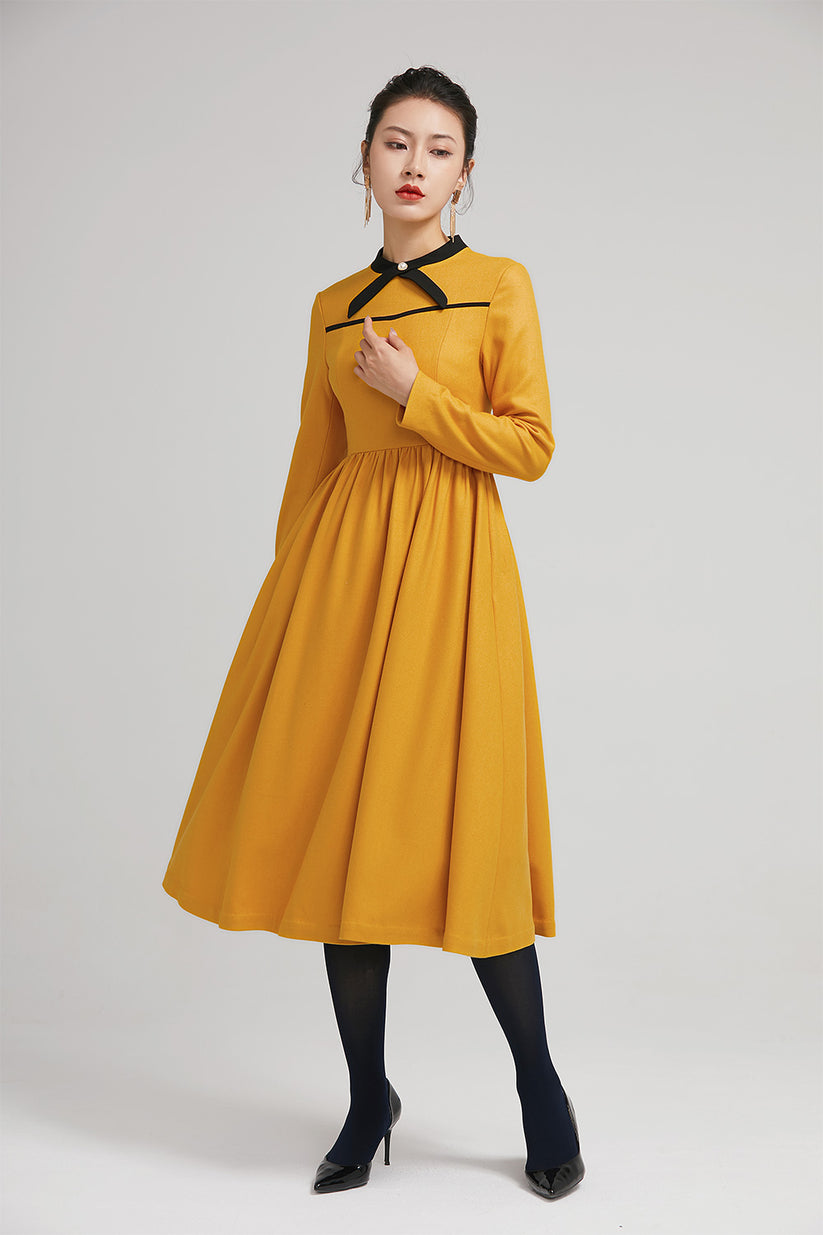 yellow winter wool fit and flare dress for women with long sleeves 223 ...