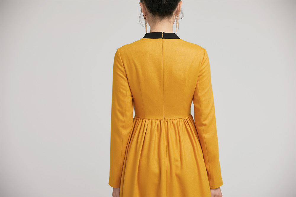 yellow winter wool fit and flare dress for women with long sleeves 223 Xiaolizi yellow winter wool fit and flare dress for women with long sleeves 223 Xiaolizi
