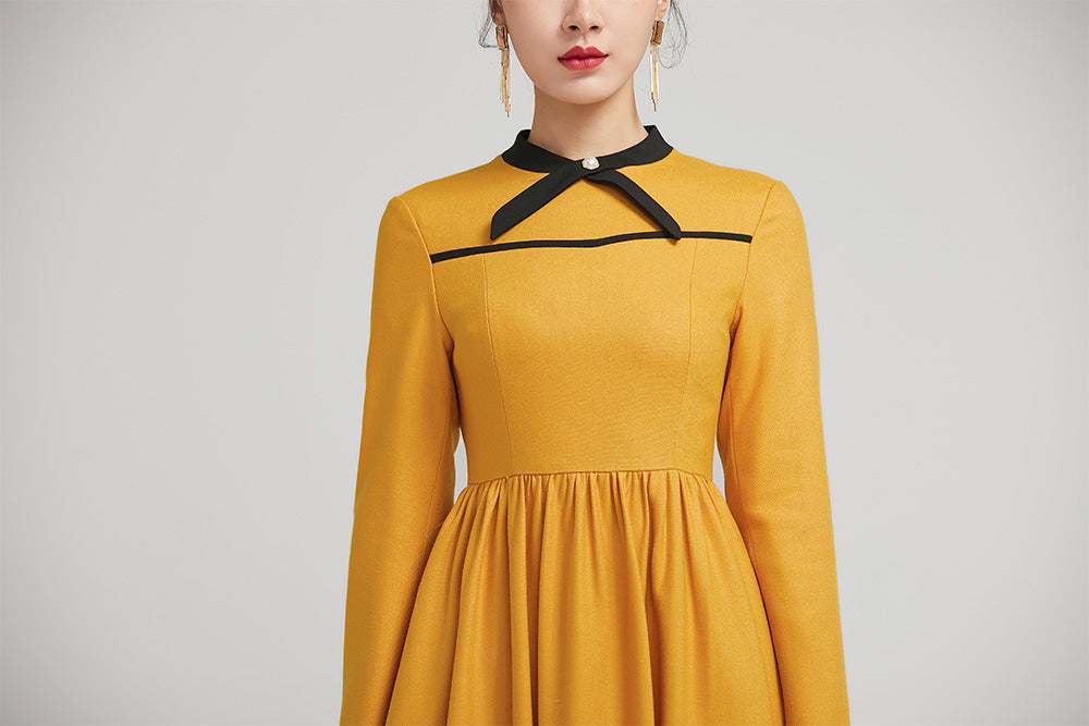yellow winter wool fit and flare dress for women with long sleeves 223 Xiaolizi yellow winter wool fit and flare dress for women with long sleeves 223 Xiaolizi