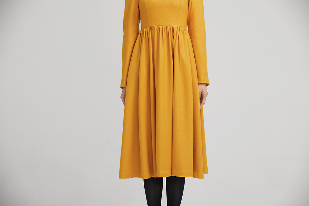 Yellow Wool Fit and Flare Dress - Black Tie Neckline, Pleated Detail 2233