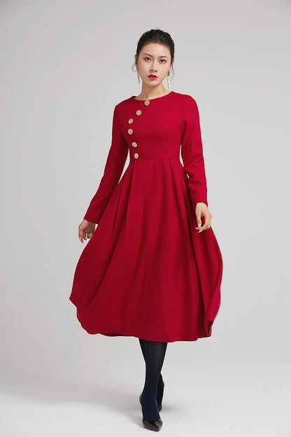 Red Wool Midi Dress - Pleated Fit with Button Detail 2234