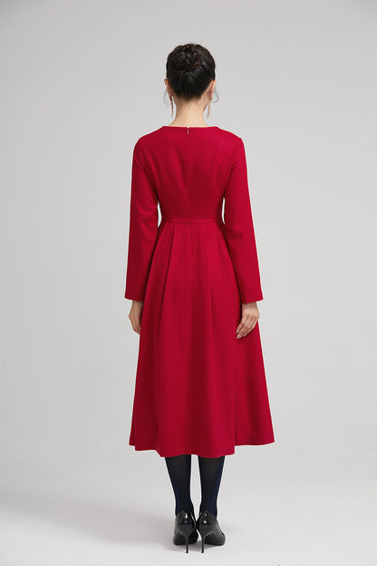 Red Wool Midi Dress - Pleated Fit with Button Detail 2234