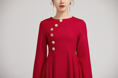 Red Wool Midi Dress - Pleated Fit with Button Detail 2234