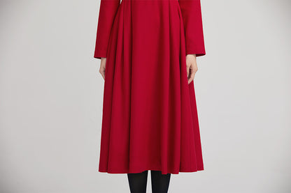Red Wool Midi Dress - Pleated Fit with Button Detail 2234