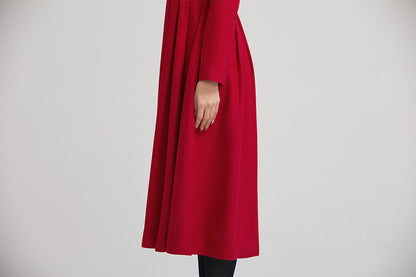 Red Wool Midi Dress - Pleated Fit with Button Detail 2234