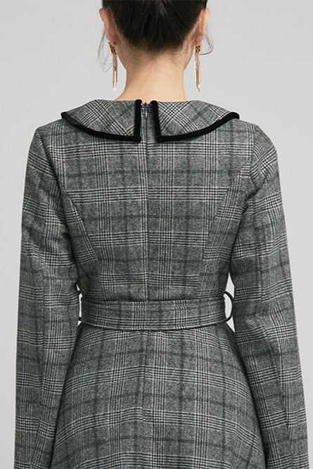 Plaid Wool Midi Dress Vintage Grey Fit & Flare with Belt 2235 Grey / M Plaid Wool Midi Dress Vintage Grey Fit & Flare with Belt 2235 Grey / M