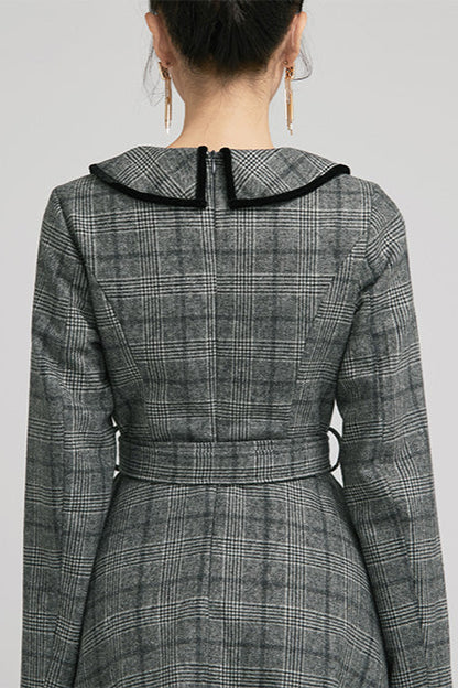 Plaid Wool Vintage Dress – Handmade Grey Fit & Flare Midi with Belt 2235