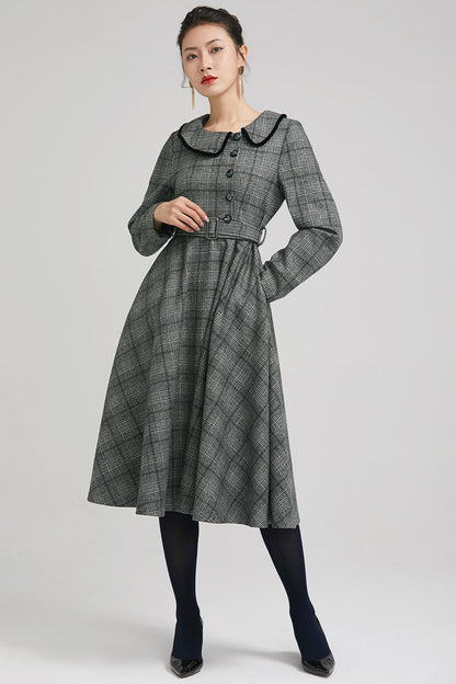 Plaid Wool Vintage Dress – Handmade Grey Fit & Flare Midi with Belt 2235