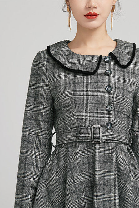 Plaid Wool Midi Dress Vintage Grey Fit & Flare with Belt 2235 Grey / M Plaid Wool Midi Dress Vintage Grey Fit & Flare with Belt 2235 Grey / M