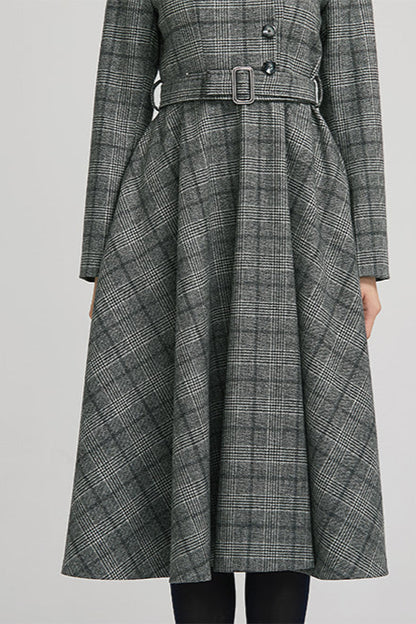 Plaid Wool Vintage Dress – Handmade Grey Fit & Flare Midi with Belt 2235