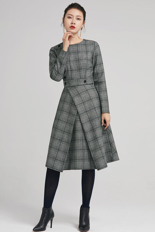 Retro winter wool plaid dress with long sleeves 2236