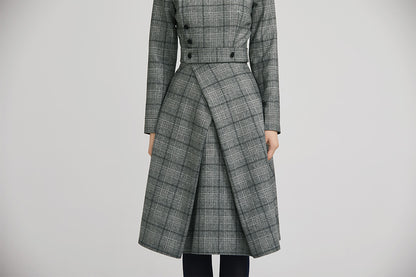 Black & White Plaid Wool Dress - Retro Fitted Waist Knee Length 2236