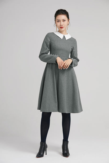 Gray Wool Fit and Flare Dress - Pleated Knee Length with Lapel Collar 2237