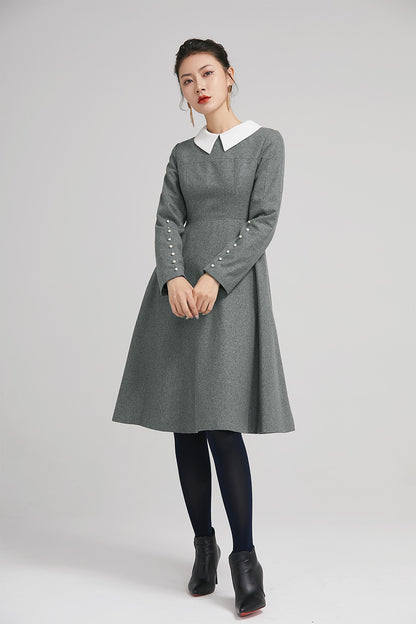 Gray Wool Fit and Flare Dress - Pleated Knee Length with Lapel Collar 2237
