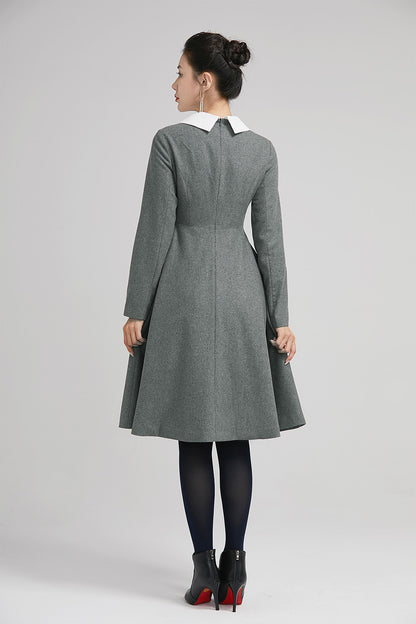 Gray Wool Fit and Flare Dress - Pleated Knee Length with Lapel Collar 2237