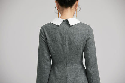 Gray Wool Fit and Flare Dress - Pleated Knee Length with Lapel Collar 2237