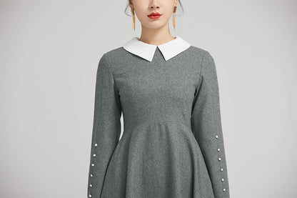 Gray Wool Fit and Flare Dress - Pleated Knee Length with Lapel Collar 2237