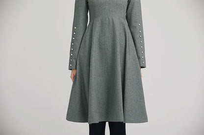 Gray Wool Fit and Flare Dress - Pleated Knee Length with Lapel Collar 2237