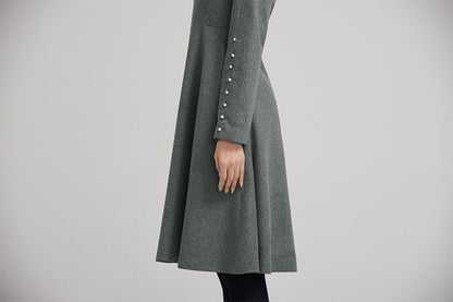 Gray Wool Fit and Flare Dress - Pleated Knee Length with Lapel Collar 2237